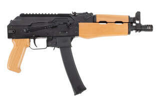 Kalashnikov KP-9 9mm Semi Auto Pistol has Amber Wood furniture for a traditional look